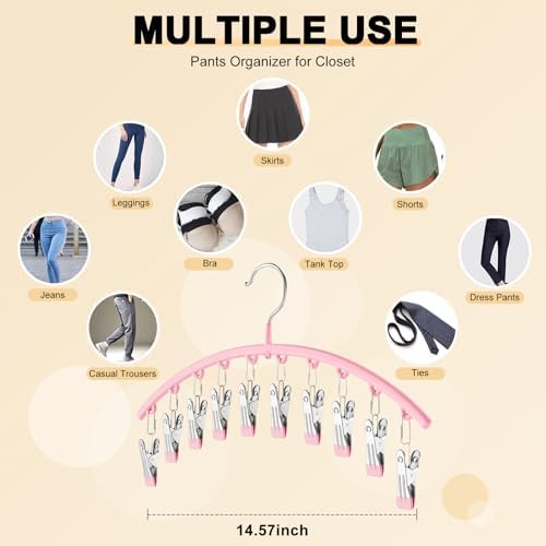 Metal Yoga Pants Hangers 1 Pack w/10 Clips Holds 10 Leggings, Space Saving Hanging Closet Organizer w/Rubber Coated Closet Organizers and Storage, Pink - Image 4