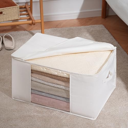 TYEERS Large Storage Bags with Zipper and Clear Window, Cotton Blended Fabric Storage Containers for Seasonal Clothes and Bedding, 23.6x15.7x13.8 Inches, 4-Pack, Beige - Image 4