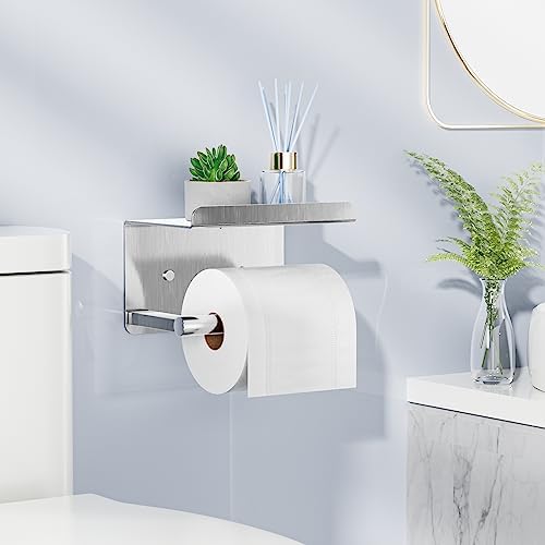 Adhesive Toilet Paper Holder with Shelf, Stainless Steel, Silver - Image 2