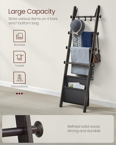VASAGLE Blanket Ladder, 5-Tier Pine Wood Ladder Shelf with PU Leather Bag - Image 4