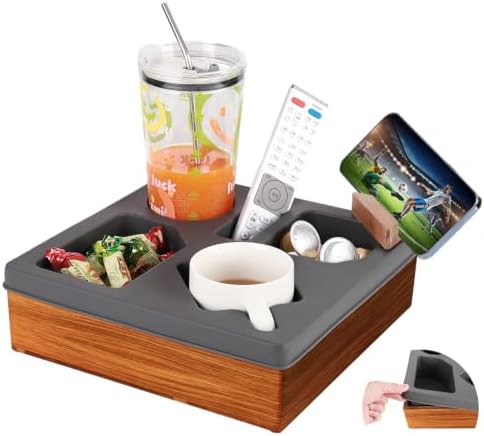 Couch Cup Holder Tray, Silicone Wooden Couch Caddy with Cup Holder for Snacks, Drinks, Remotes, Waterproof Cup Holder for Couch, Organizer, Couch Drink Holder, Sofa Cup Holder by ducafaery