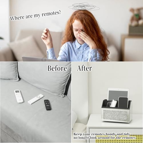 360 Rotating TV Remote Control Holder Storage Caddy for Pad Phone Pen and Pencils, Makeup Brush, Silver Crushed Diamond Desk Organizer for Bedroom Livingroom - Image 5
