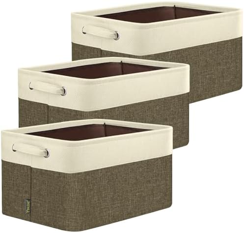 BALEINE 3 Pack Fabric Closet Storage Bins for Shelves, Linen Closet Organizers and Storage, Decorative Baskets for Organizing, Shelf, Clothes, Home, Office (Brown, 17''x13''x10.5'') by BALEINE