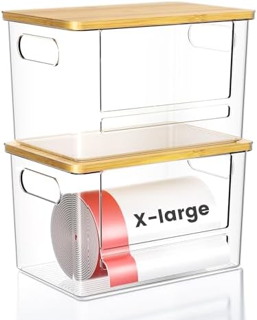 Trash Bag Dispenser 2-Pack, Stackable Trash Bag Holder with Bamboo Lid – Clear Plastic Garbage Bag Organizer for 13/30/33 Gal Bags, Space-Saving Under Sink Organizer for Kitchen, Laundry, Pantry by Foroyalife