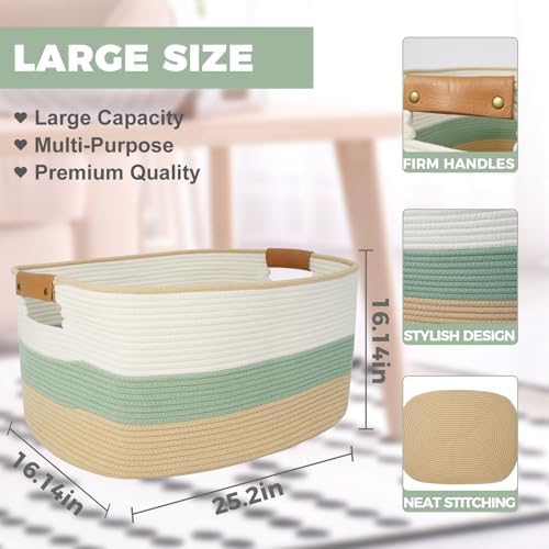 danpinera Large Woven Basket, 108L Rectangular Woven Storage Basket with Leather Handles, Stylish Organizer Bin for Home, Office, Laundry, Toys, or Blankets, 25’’*16’’*16’’ White & Green & Jute - Image 2