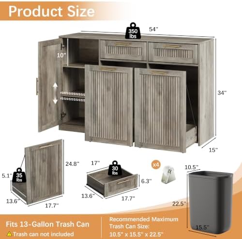 2 X 13 Gallons Double Pull Out Trash Can Cabinet with Storage & Drawers - Image 2
