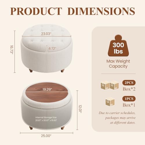 25" Round Ottoman with Storage, Small Coffee Table with Reversible Tray Lid - Image 2