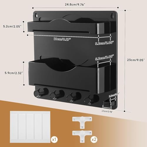 Bedside Wall Shelf with Glasses Hooks ，Adhesive Bedside Organizer Wall Mount for Dorm and Room Accessories Phone，Remote，Earphone， Kindle (Black) - Image 3