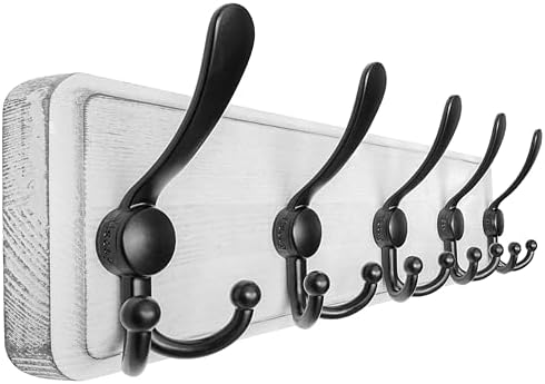 Dseap Coat Rack Wall Mounted - 5 Tri Hooks, Heavy Duty, Wooden Wall Coat Hanger Coat Hook for Clothes Hat Jacket Clothing, White & Black by Dseap