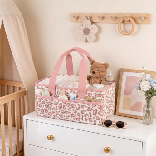 Baby Diaper Caddy Organizer with Portable Changing Mat-Portable Baby Organizers and Storage, Gift for Baby Shower, Corduroy Baby Essentials Organizer with Removable Dividers (Pink Leopard) - Image 4
