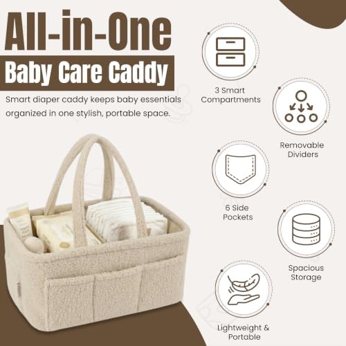 Baby Diaper Caddy Organizer - Soft Beige Sherpa Diaper Storage Bag | Nursery Organizer with 3 Removable Compartments & 6 Side Pockets - Portable Baby Organizer for Diapers,Wipes & Essentials - Image 4