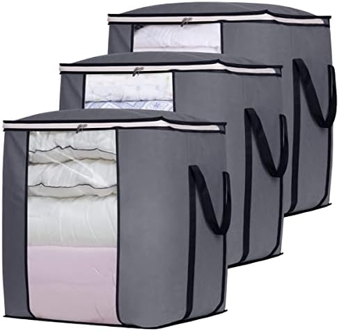 SLEEPING LAMB 120L Oversized Blanket Storage Bags Sturdy Fabric Clothes Storage Containers for King Comforter Bedding Pillow Sheet, Grey, 3 Packs by SLEEPINGLAMB