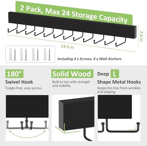 2 Pack Tie Hanger Wall Mounted, Wooden Tie Rack Belt Hanger with 24 Non Slip 180° Rotating Hooks, Belt Organizer Space Saving Tie Hanger for Closet, Tie Holder & Tie Organizer, Black - Image 3