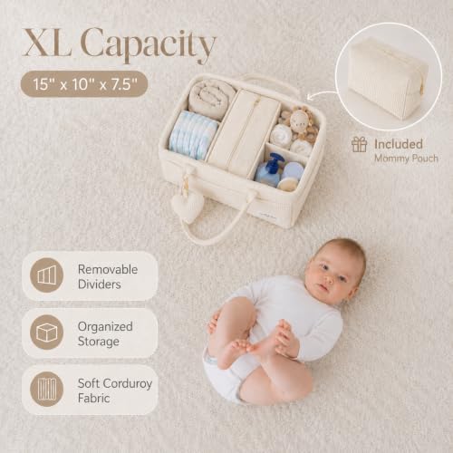 Baby Diaper Caddy Organizer with Matching Zipper Pouch, Soft Corduroy Diaper Storage Basket, Nursery Organizer with Removable Divider, Newborn Essentials, Baby Registry Must Have, Gift for Baby Shower - Image 2