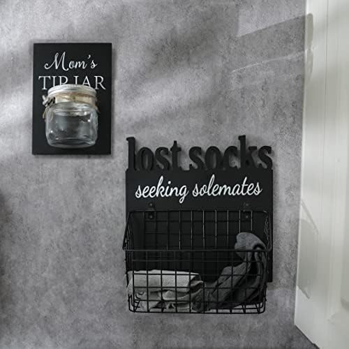 Lost Socks Rustic Wooden Laundry Sign Wall Decor With Attached Basket And Mom Tip Jar - Housewarming Gift Decor - Black - Image 2