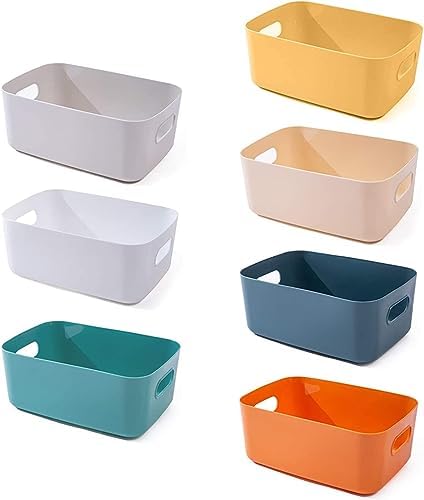 OWill 7 Pack Plastic Storage Bins, 4.2L Small Organizer Baskets with Handles, Pantry Cabinet Bathroom Classroom Storage Containers, Colorful Shelf Bins for Home Kitchen Closet Organization by OWill