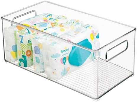 mDesign Plastic Deep Bin Organizer Caddy Container w/ Handles for Nursery, Kitchen, Pantry, Bathroom, Cabinet Storage Organization - Holds Snacks, Bottles, Baby Food Jar, Diaper - 14" Long -Clear by mDesign