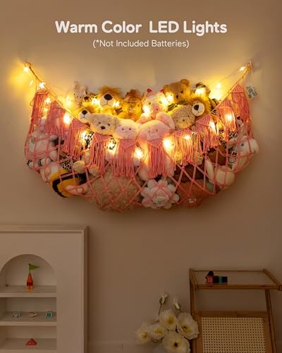 Boho Stuffed Animal Hammock, Falt Wall or Corner Hanging, Pink, XL - Image 3