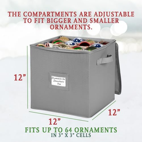 HOLDN’ STORAGE Christmas Ornament Storage Box - Christmas Decor Storage Containers that Store up to 64 – 3” x 3” Holiday Xmas Ornaments – Adjustable Compartment To Fit Many Sizes Ornaments – Grey. - Image 6
