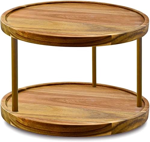 14" Two-Tier Acacia Wood Lazy Susan Organizer Kitchen Turntable for Cabinet Pantry Table Organization by AUAM