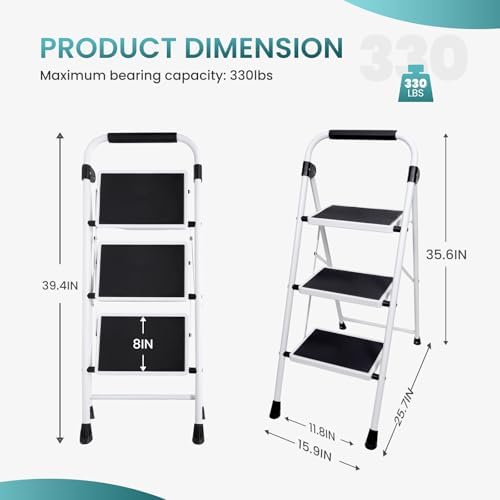 OLIXIS Step Ladder, 3 Sturdy Step Stool with Anti-Slip Pedal & Handrail - Image 5