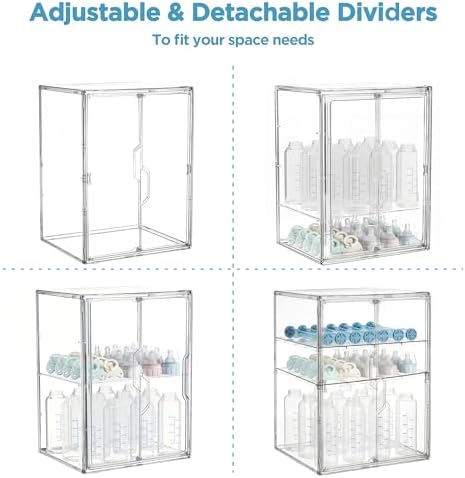 HBlife Baby Bottle Storage Organizer for Countertop Cabinet, 3 Tiers Adjustable Clear Acrylic Bottles Storage Station Case Box Container with 2 Removable Dividers and Magnetic Double Door, X-Large - Image 6