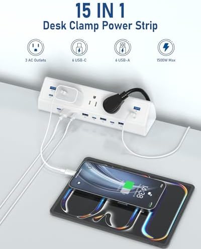 Jgstkcity 130W Desk Clamp Power Strip, 12 USB Ports (6 PD 65W USB-C),Surge Protector,ETL Listed Power Hub Extension Cord,Fast Charging Station for Home Office Desk Edge Mount (White, 12 USB-130W) - Image 4