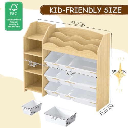 EXPERLAM Toy Storage Organizer, Scalloped Bookshelf, 4 Toy Shelves, 9 Bins - Image 2