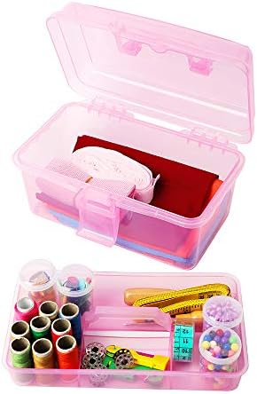Multipurpose Plastic Storage Container Organizer Box Case with Removable Tray and Handle for Art, Craft, Sewing Supplies, Clear&Pink - Image 5