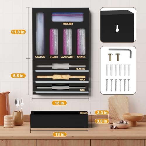 DALSHABET 9 IN1 Bamboo Storage Bag Drawer Organizer with Cutter, Foil and Plastic Wrap Dispenser for Kitchen Storage Compatible with All Brands Gallon, Quart, Sandwich & Snack Size Bags - Black - Image 3