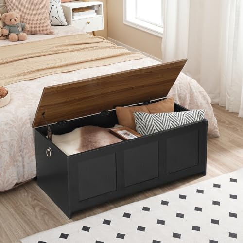 HOOBRO Storage Bench, 39.3" Retro Wooden Storage Chest, Wooden Storage Trunk, Toy Chest with Lift Top, Multifunctional Entryway Organizer, for Entryway, Living Room, Black and Walnut BH141CW01G1 - Image 4