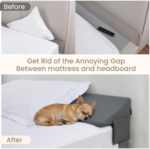Vekkia Queen Bed Wedge Pillow for Headboard Gap Filler (0–5.5"), Prevents Pillows & Items from Falling, High-Density Foam Mattress Gap Filler with Pockets, Removable Cover, Gray, 60"x10"x6.5" - Image 3