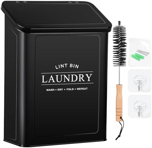 Magnetic Lint Bin for Laundry Room, Metal Lint Trash Can with Lid and Brush, Wall Mounted Lint Box for Dryer, Farmhouse Laundry Room Decor, Black by CANDCO