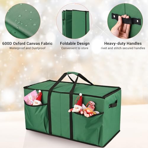 Christmas Ornament Storage Box, Mrrihand Xmas Decoration Organizer with Adjustable Dividers - Storage Container Keeps 128 Holiday Ornaments 3-Inch, Dual Zipper Closure, 600D Tear-Proof Material(Green) - Image 4