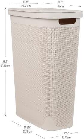 Mind Reader Slim Laundry Hamper with Lid, 40L Clothes Basket, Linen Design, Plastic, Ivory - Image 3