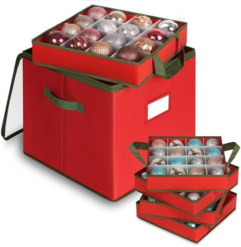 Christmas Ornament Storage Box, Clear Ornament Storage Include 4 Trays with Adjustable Dividers, Ornament Organizer with Handle Store Up to 64 Holiday Ornaments, Clear Top by Merkisa