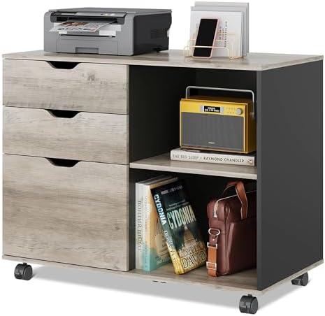 DEVAISE 3-Drawer Wood File Cabinet, Mobile Lateral Filing Cabinet, Printer Stand with Open Storage Shelves for Home Office, Greige by DEVAISE