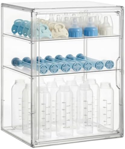 HBlife Baby Bottle Storage Organizer for Countertop Cabinet, 3 Tiers Adjustable Clear Acrylic Bottles Storage Station Case Box Container with 2 Removable Dividers and Magnetic Door, Large by HBlife
