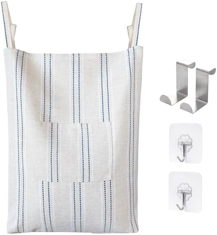 AELS Farmhouse Hanging Laundry Hamper with 2 Hooks, Boho Beige & Blue Stripes Laundry Bag with Zipper & Wide Open Top, Over the Door Organizer for Dirty Clothes, Washable Space Saving Storage by AELS
