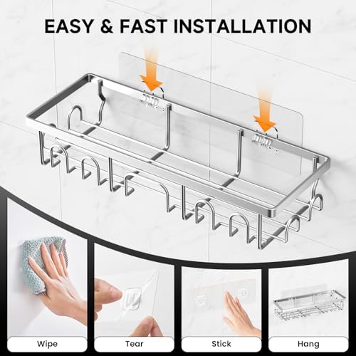 Shower Caddy, 5 Pack Shower Shelves for Inside Bathroom, Rustproof Adhesive Bathroom Organizer with Soap Holder, No Drilling Washroom Organizers and Storage for Bathtub Room, Matte silver - Image 6