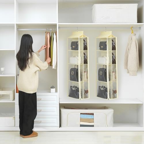 8 Grids in 1 Pack Hanging Purse Handbag Organizer with Double Zippers, Visible Purse Organizer for Closet, Fully Enclosed Purse Storage Holder-Beige - Image 7