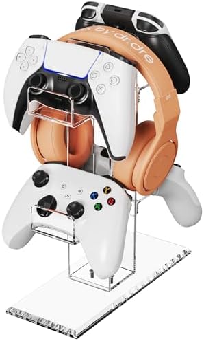 Crpich Acrylic Controller Stand, 3-Tier Headphone and Game Controller Holder with 5 Slots, Clear Desk Organizer for Xbox, PS5, PS4, Switch and More by Crpich