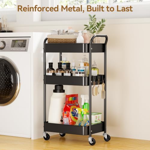 YASONIC 3-Tier Metal Rolling Cart Utility Carts with Wheels Black - Image 2