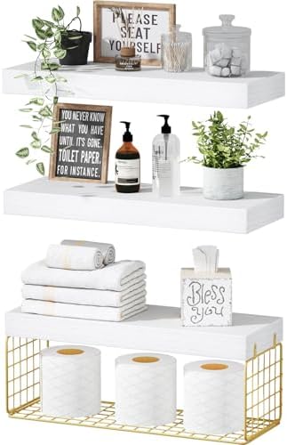 QEEIG Bathroom Shelves Over Toilet Wall (White and Gold, Set of 3, 15.7") by QEEIG