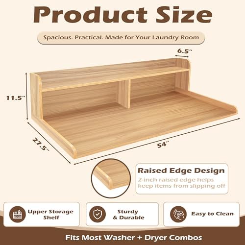 Royxen Laundry Countertop with 2-Tier Shelf Universal Fit, Washer and Dryer Countertop with Storage Space, Shelf Height 11.5 Inches, Solid Wood Core, Oak - Image 2