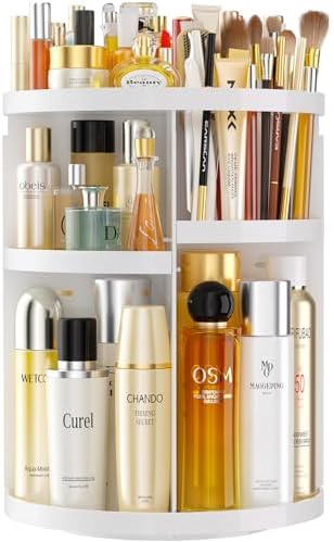 Makeup Organizer 360 rotating, Adjustable Skincare Organizers with Brush Holder, Cosmetics Display Cases for Vanity Bathroom Countertop Large Capacity Carousel Make up Caddy Shelf (White) by HEMTROY