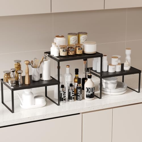 Kitchen Counter Oganizer Stackable Cabinet Organizer Shelf Riser, Spice Rack for Countertop, Pantry Organizers and Storage, Heavy Duty Kitchen Counter Shelves for Seasonings,Bowls (3 Pack, Black) by MAGHEO