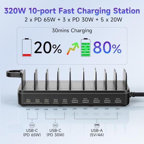 320W Charging Station for Multiple Devices, 10 Ports Fast Multi-Device Charger Organizer Compatible with MacBook Pro Laptop, iPhone, Android, Ipad, Tablet, Kindle, Multi-Device Charging Dock（Black） - Image 3