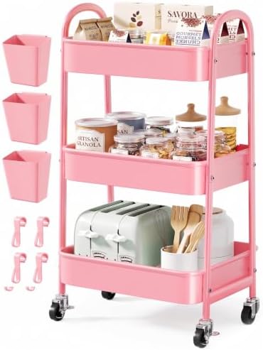 3 Tier Rolling Storage Cart Metal with Wheels,Pink Three Tiered Craft Carts by Unknown