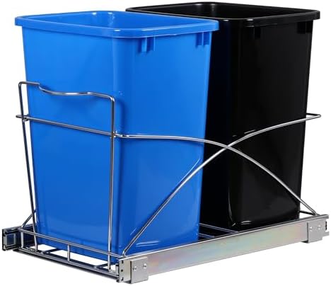 SUPER DEAL Double Pull Out Trash Can for Kitchen Cabinets 35-Quart Under Sink Garbage Sliding Waste and Recycling Bins with Chrome Wire Bottom Mount, 44 lbs Load Capacity, Black & Blue by Superdeal